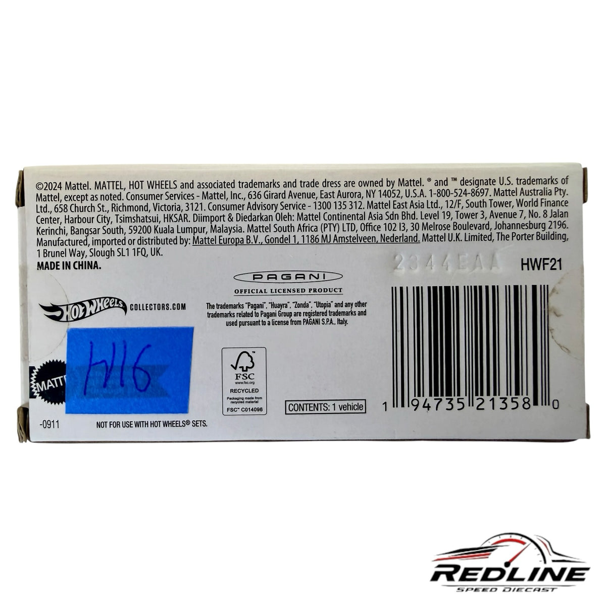 Redline Speed Diecast packaging box for Pagani Huayra R collector vehicle with barcode and official branding