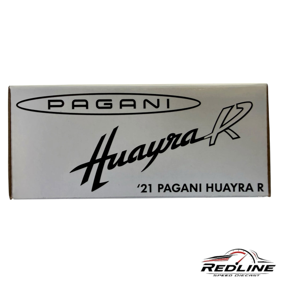 Redline Speed Diecast collector box for the 2021 Pagani Huayra R featuring elegant black branding on a white background
