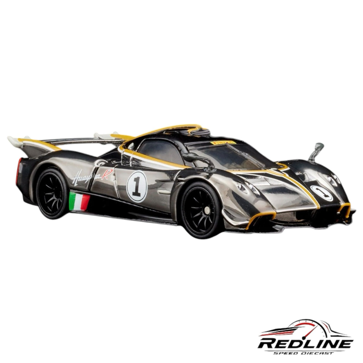 Redline Speed Diecast Pagani Huayra R model car in metallic black with racing livery and Italian flag detailing