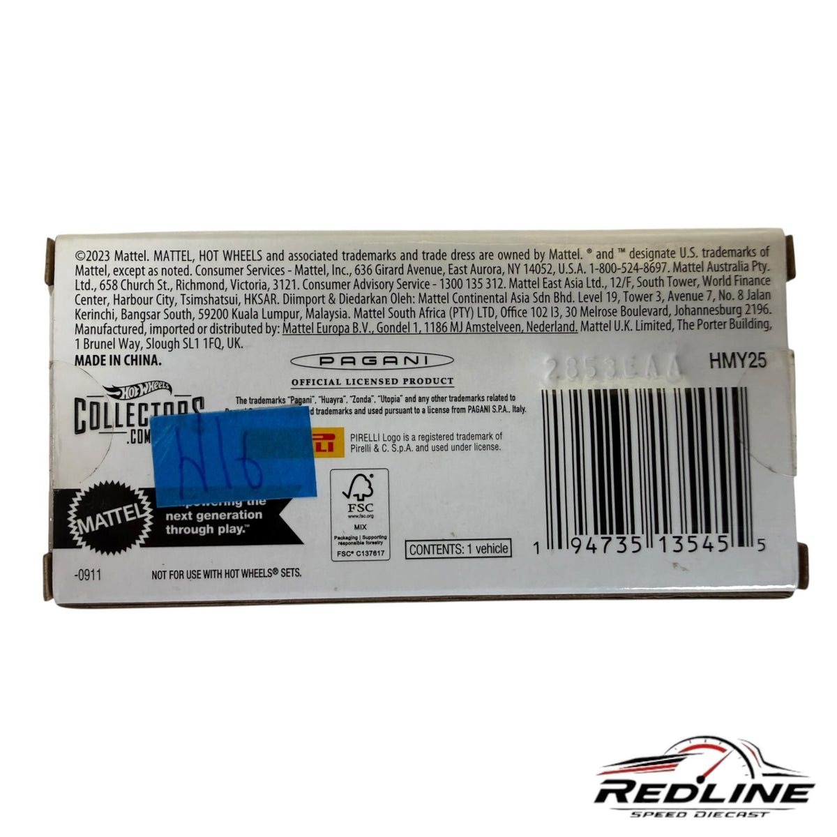 Redline Speed Diecast packaging back view for Pagani Huayra R collector vehicle with official licensing information