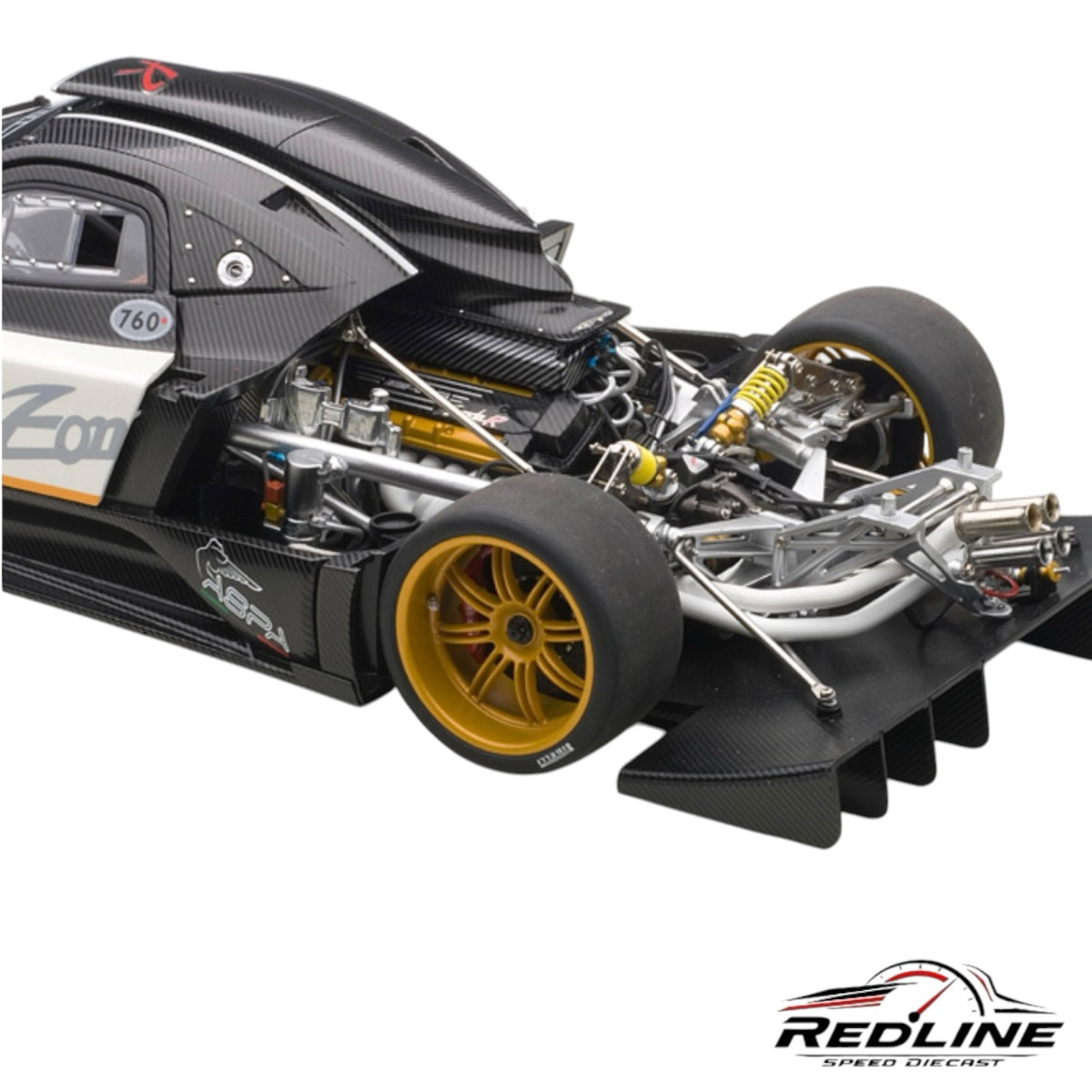 Redline Speed Diecast Pagani Zonda R model showing detailed carbon fiber engine bay, gold wheels, and rear diffuser.