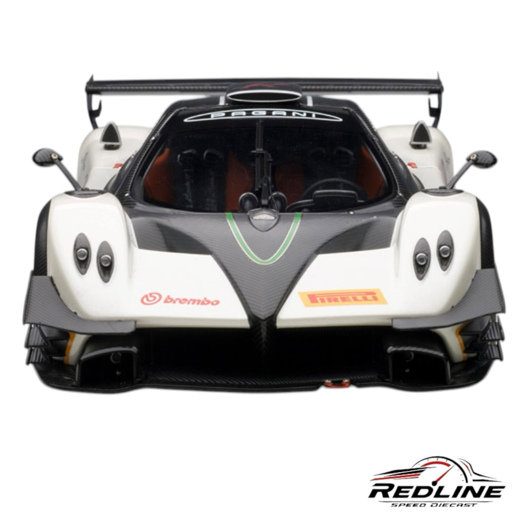 Redline Speed Diecast Pagani Zonda R model car in white and carbon fiber, front view showing aerodynamic details.