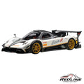 Redline Speed Diecast Pagani Zonda R model car in white and carbon fiber with gold wheels and racing livery