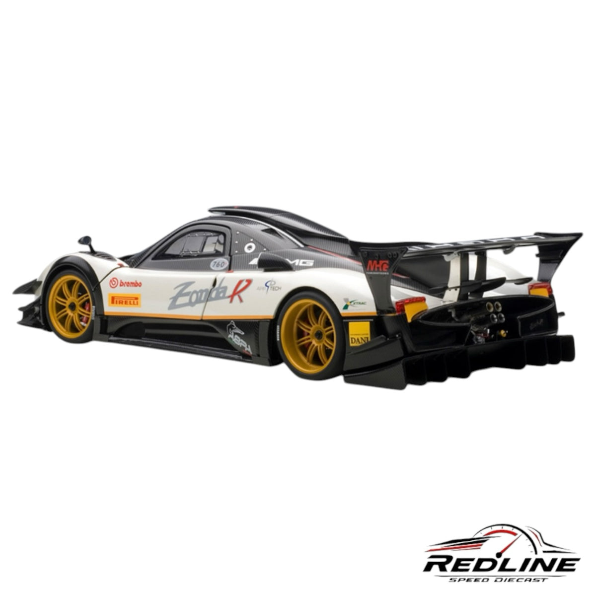 Redline Speed Diecast Pagani Zonda R model car in white and carbon fiber with gold wheels and racing livery.