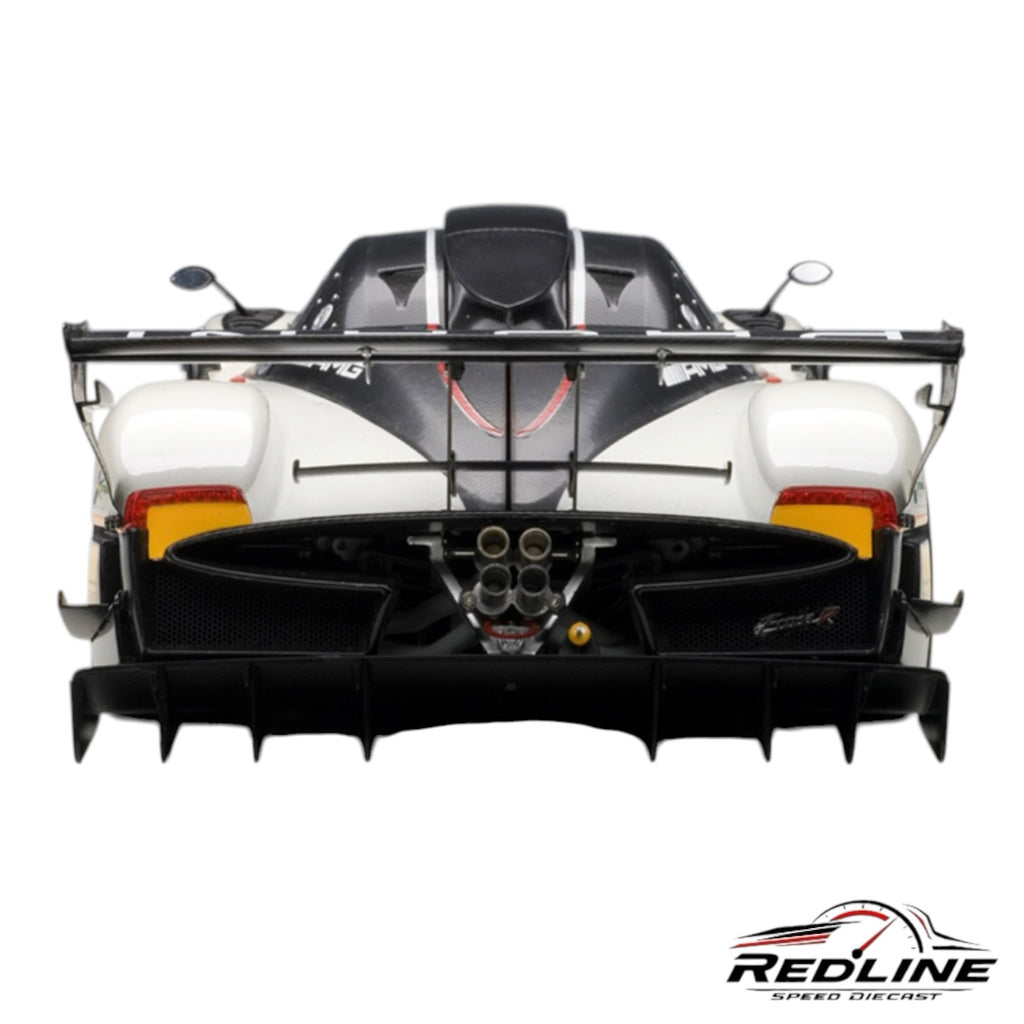 Rear view of Redline Speed Diecast Pagani Zonda R model car featuring carbon fiber details and quad exhaust system.