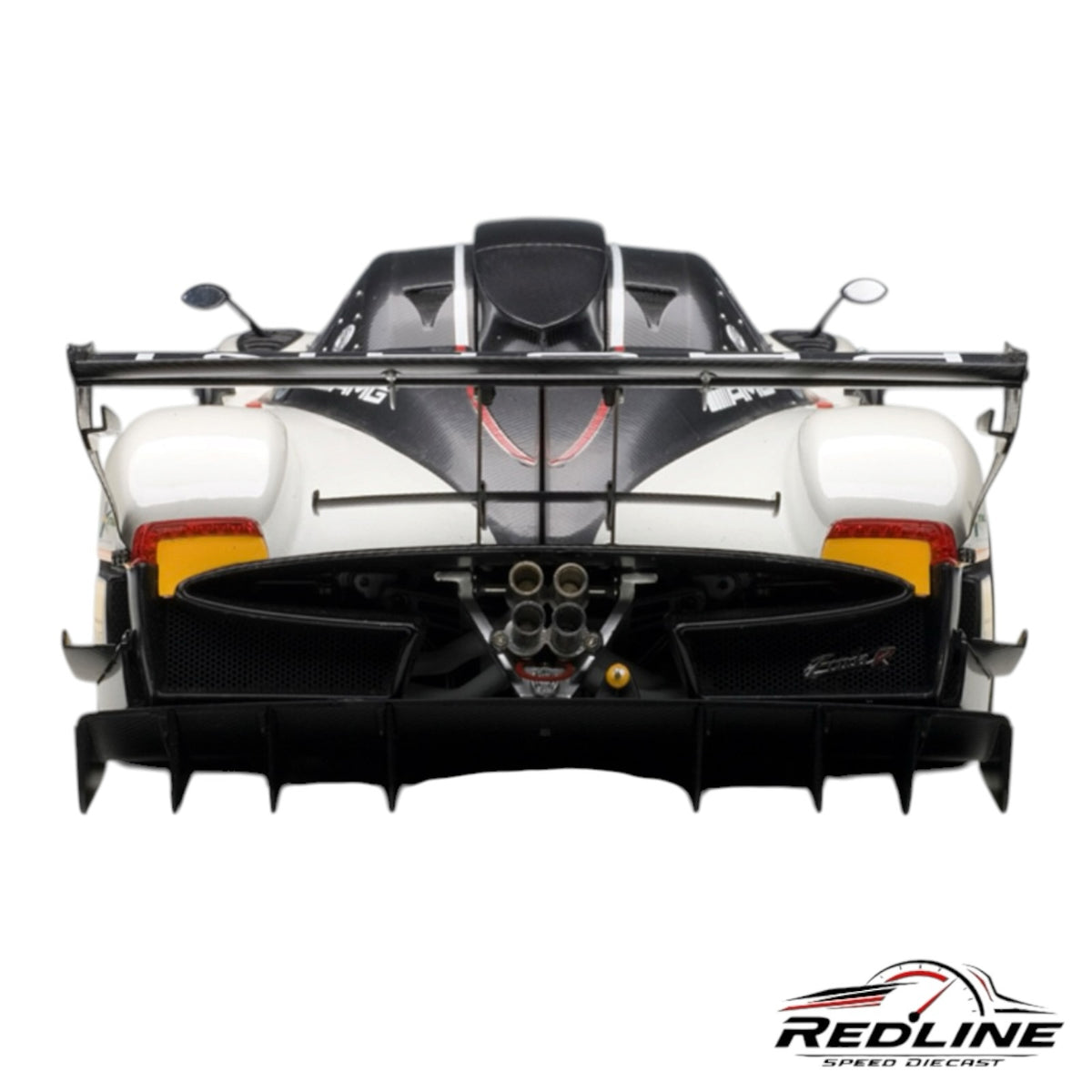 Rear view of Redline Speed Diecast Pagani Zonda R model car featuring carbon fiber details and quad exhaust system.
