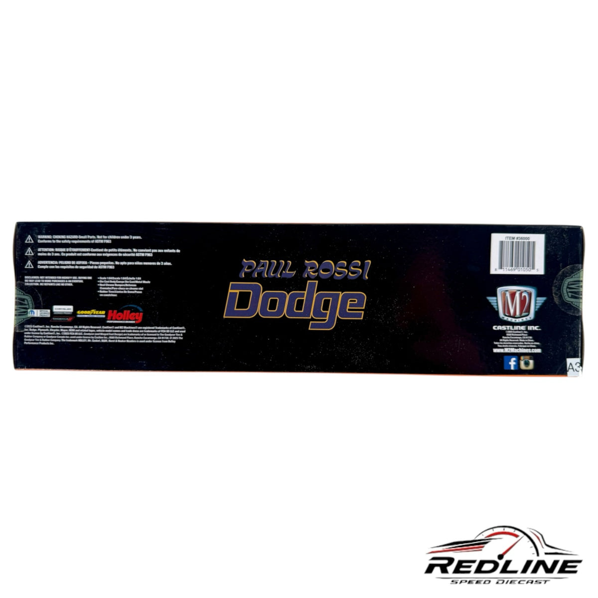Redline Speed Diecast Paul Rossi Dodge truck and Challenger set packaging box with branding and product details