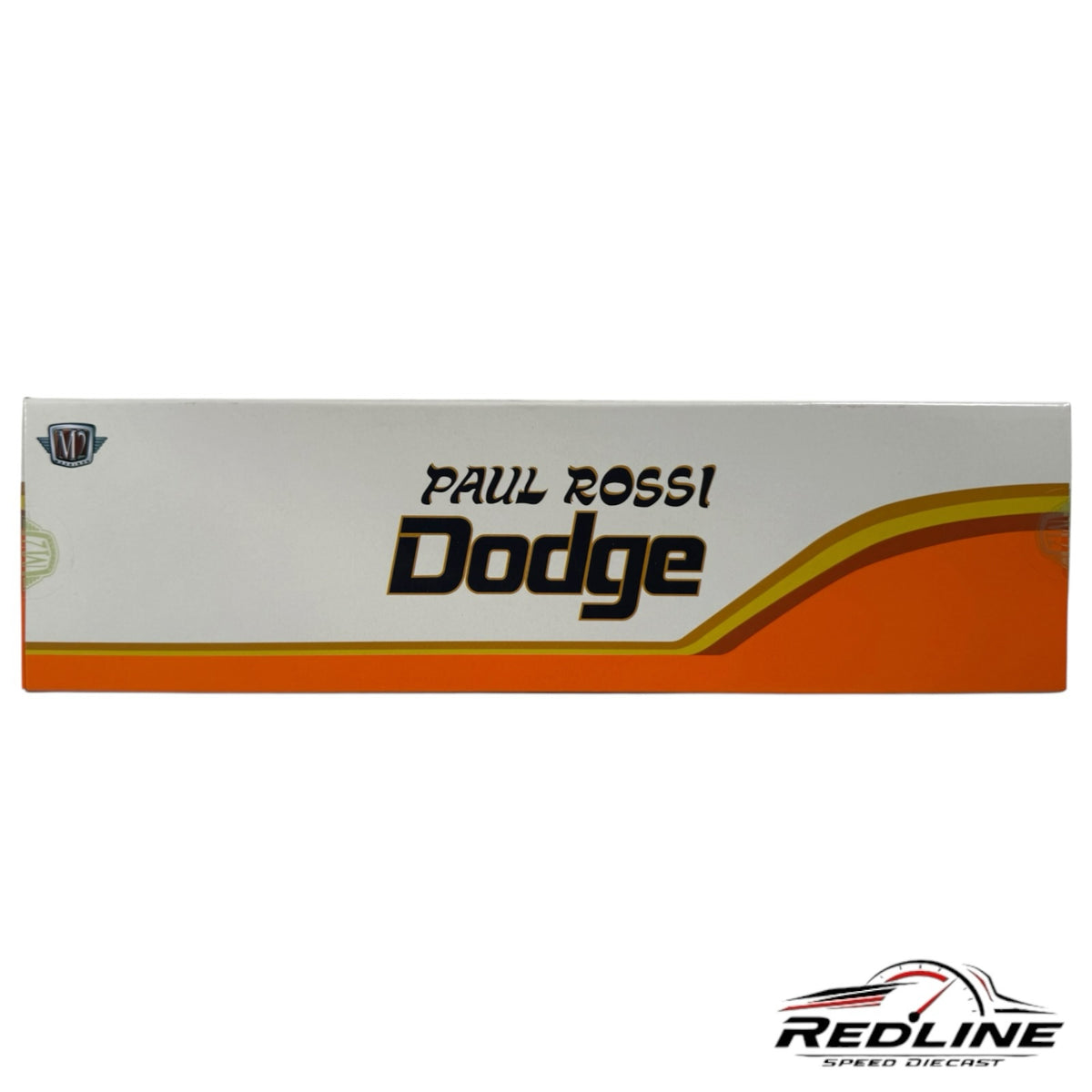 Redline Speed Diecast packaging for Paul Rossi Dodge set featuring orange and white branding on a white box