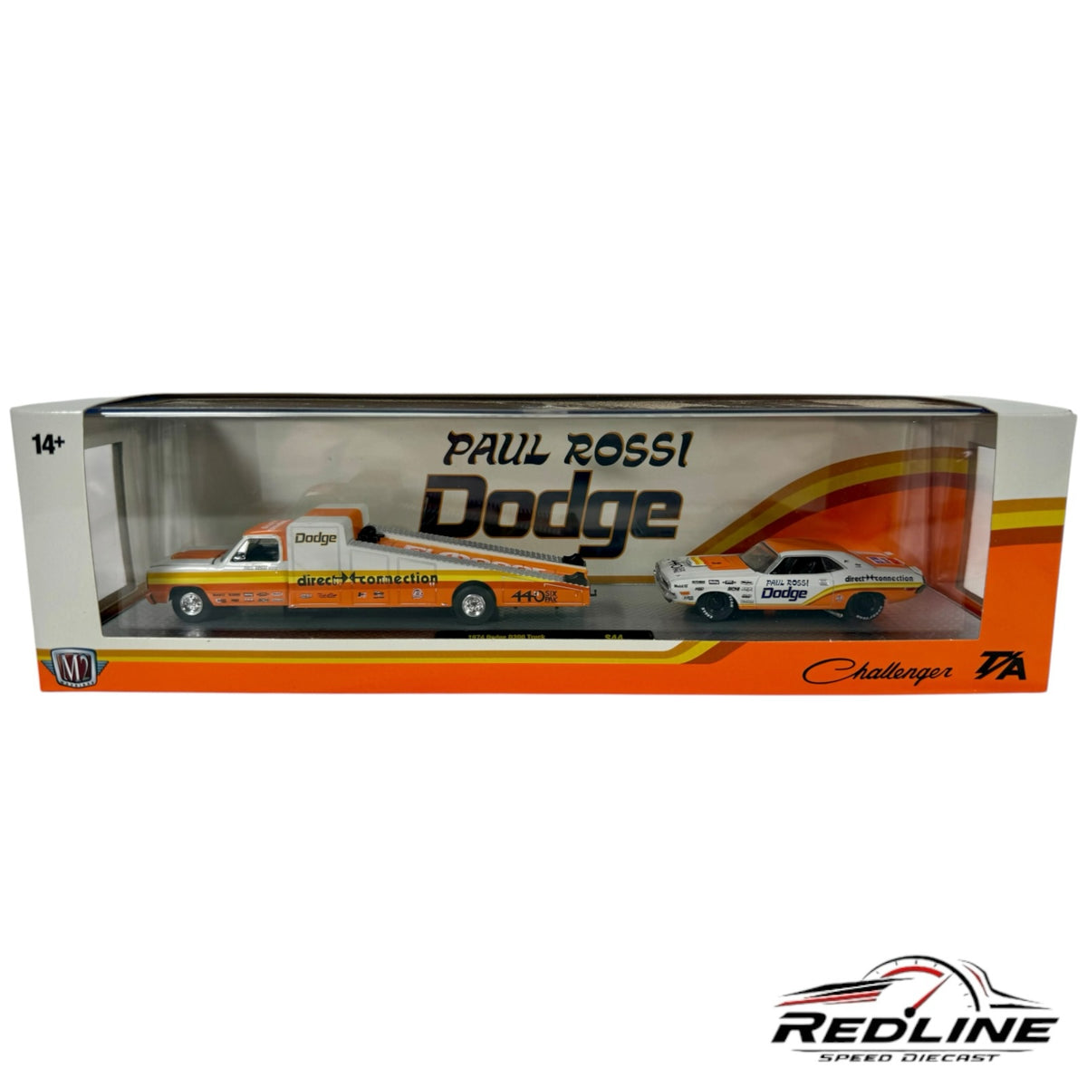 Redline Speed Diecast Paul Rossi 1974 Dodge D300 truck and 1970 Challenger T/A set in orange and white livery
