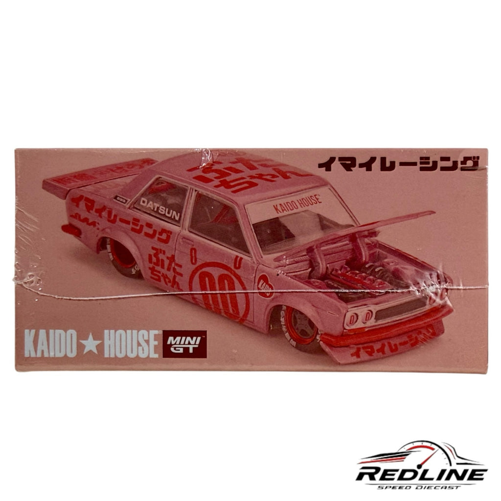 Redline Speed Diecast Kaido House Datsun 510 Pro Street model in pink with custom racing decals and open hood