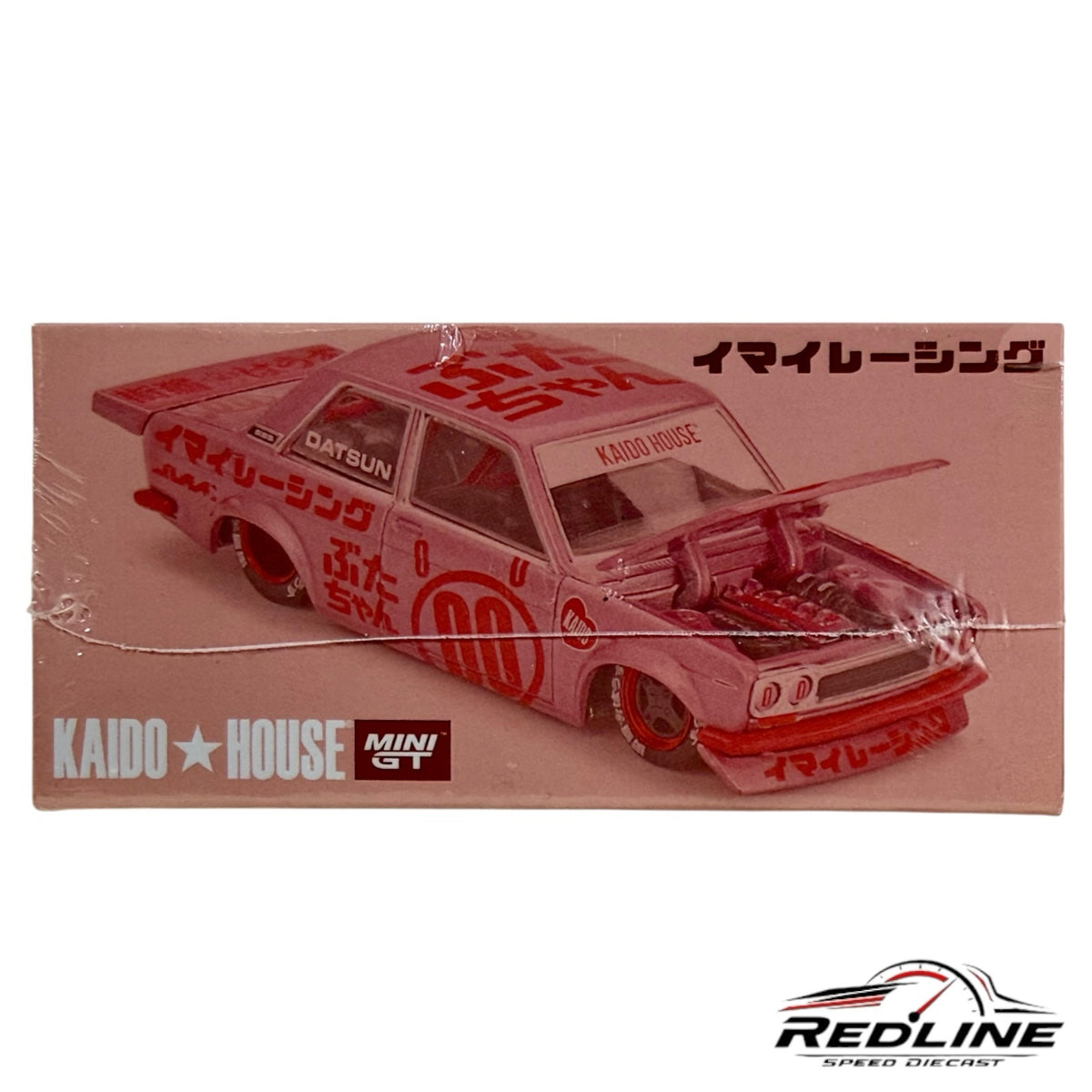 Redline Speed Diecast Kaido House Datsun 510 Pro Street model in pink with custom racing decals and open hood