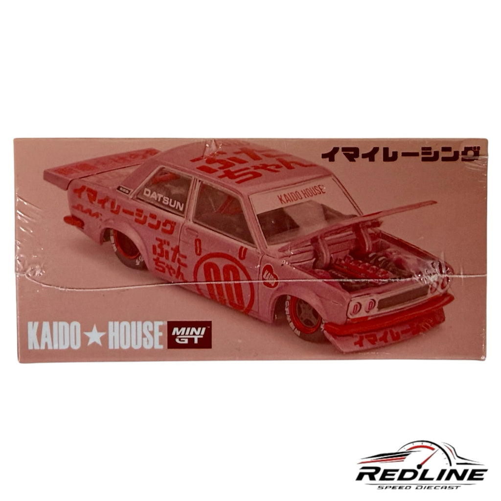 Redline Speed Diecast pink Datsun 510 Pro Street model with opening hood and custom racing graphics in 1:64 scale