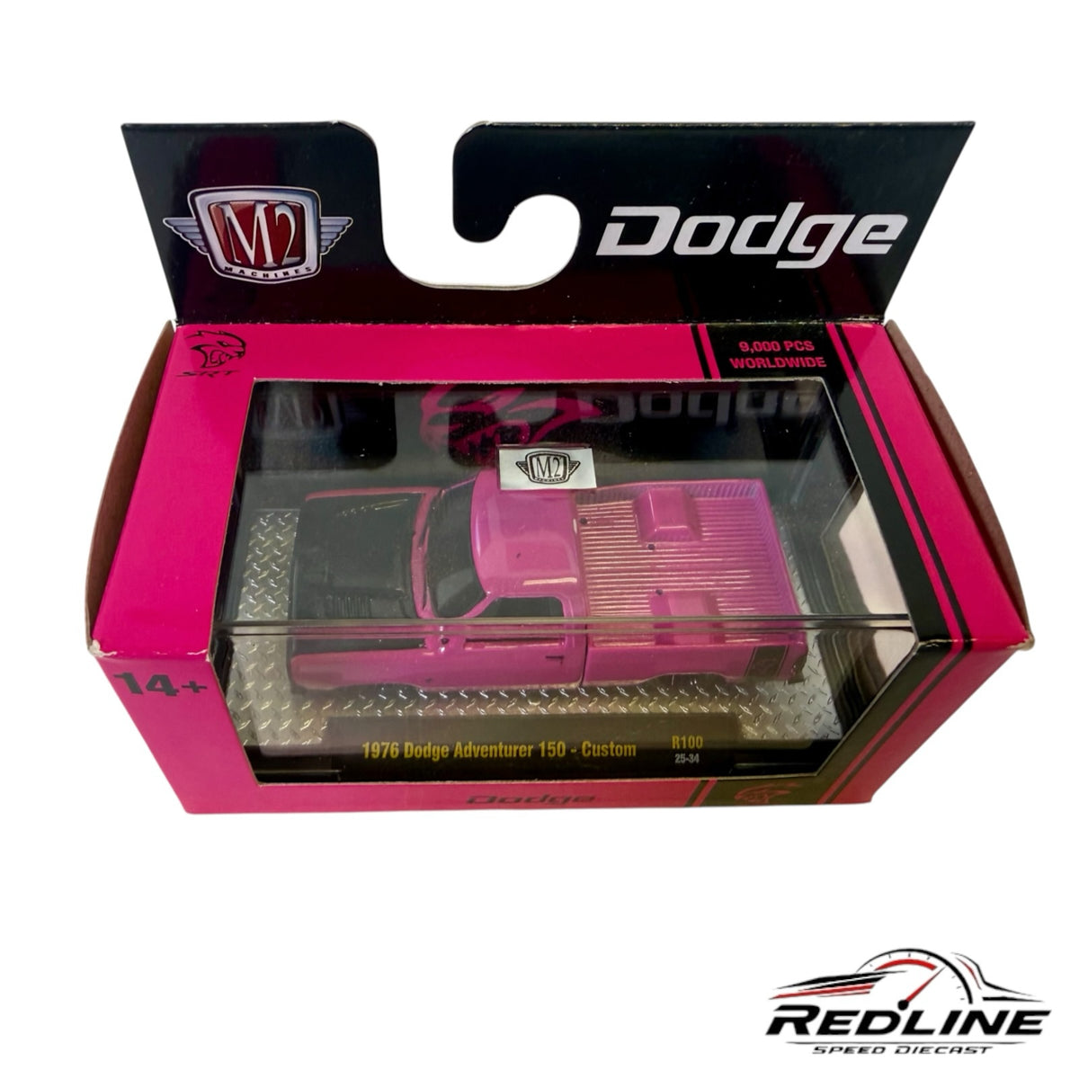 Redline Speed Diecast M2 Machines 1976 Dodge Adventurer 150 custom truck in pink and black in original packaging