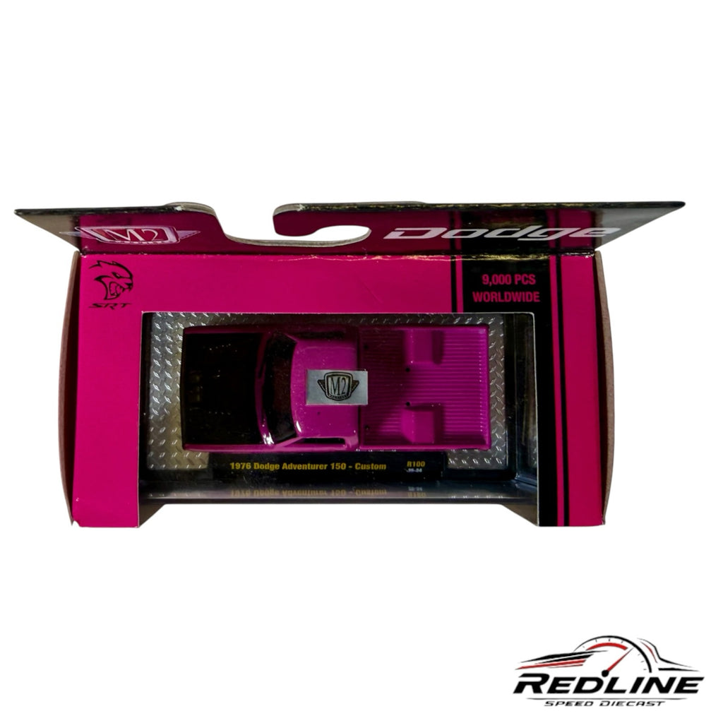 Redline Speed Diecast 1976 Dodge Adventurer 150 truck in pink with black hood in original limited edition packaging