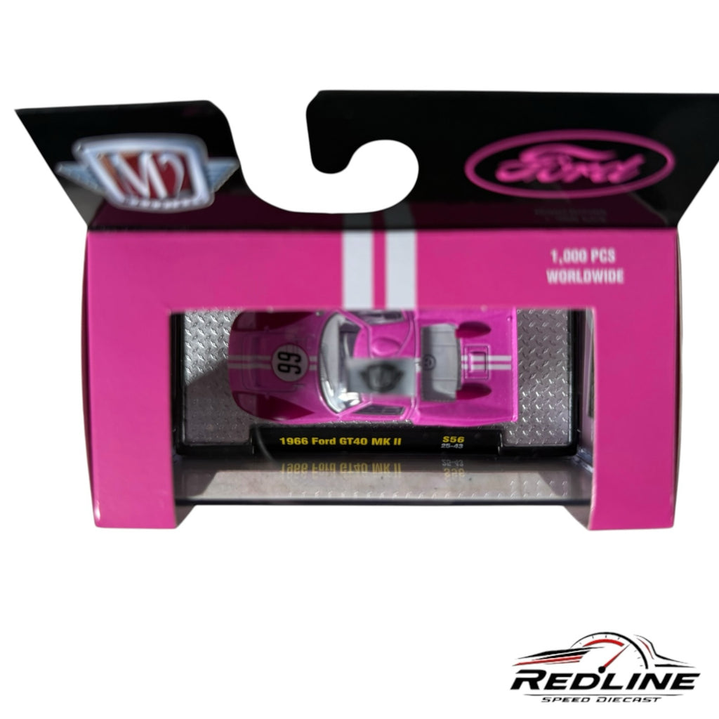Redline Speed Diecast 1966 Ford GT40 MK II in vibrant pink with white racing stripes in its original display box.
