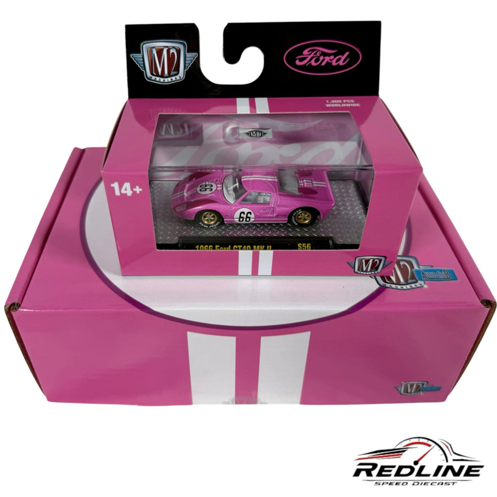 Redline Speed Diecast M2 Machines 1966 Ford GT40 MK II in vibrant pink with racing livery in display packaging.
