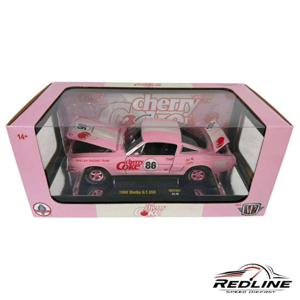Redline Speed Diecast 1966 Shelby G.T.350 Cherry Coke edition in pink with racing decals inside display box