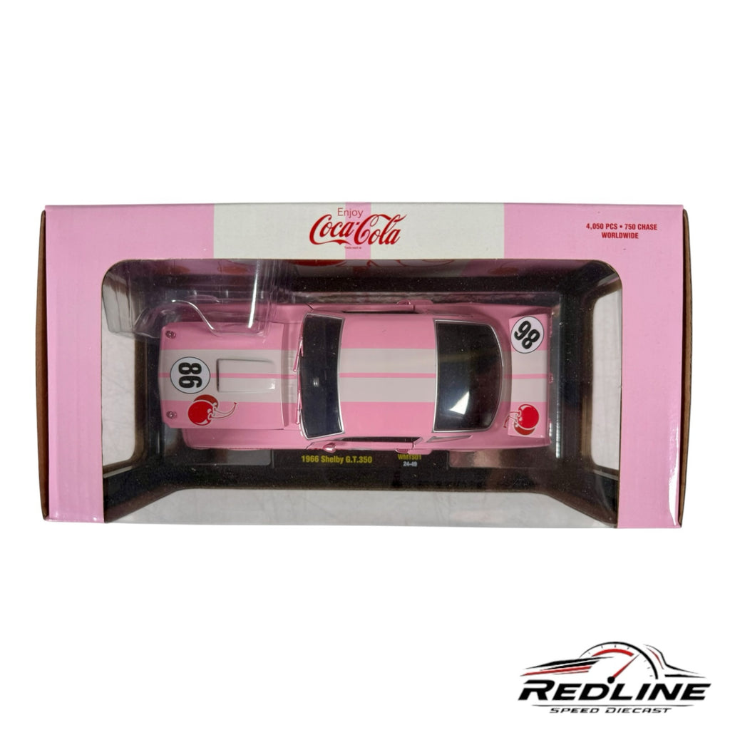 Redline Speed Diecast 1966 Shelby G.T.350 Cherry Coke edition in pink with white racing stripes in display box