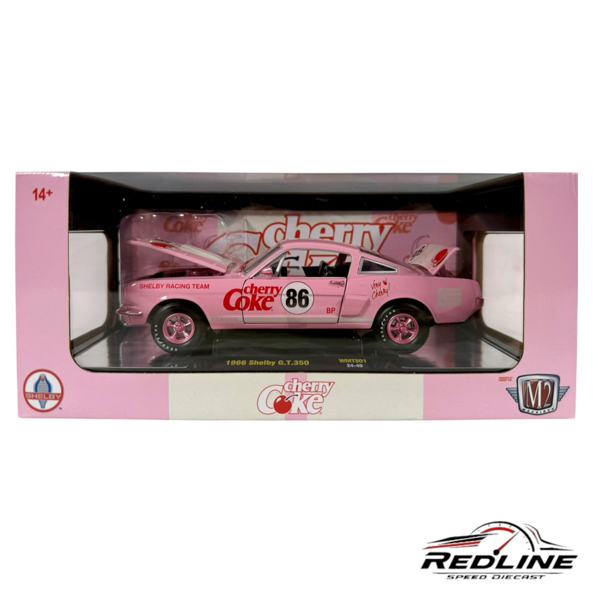 Redline Speed Diecast 1966 Shelby G.T.350 Cherry Coke edition in pink with racing decals inside display packaging