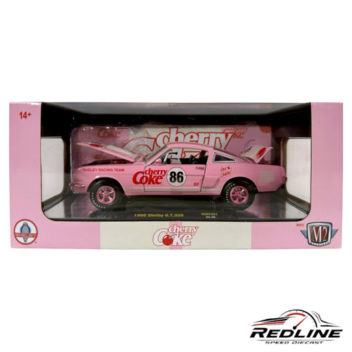 Redline Speed Diecast 1966 Shelby G.T.350 Cherry Coke edition in pink with racing decals inside display packaging