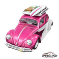 Redline Speed Diecast Hot Wheels Kawa-Bug-A pink and white Volkswagen Beetle with roof rack and surfboard