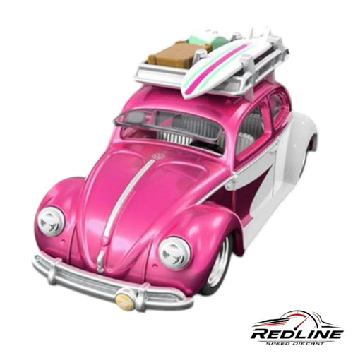 Redline Speed Diecast Hot Wheels Kawa-Bug-A pink and white Volkswagen Beetle with roof rack and surfboard