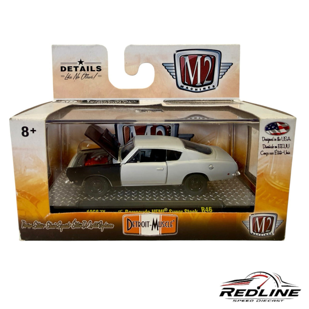 Redline Speed Diecast M2 Machines 1968 Plymouth Barracuda HEMI Super Stock in two-tone grey and black in packaging