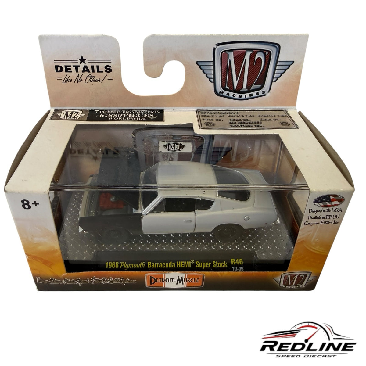 Redline Speed Diecast 1:64 scale 1968 Plymouth Barracuda HEMI Super Stock in two-tone white and black in packaging