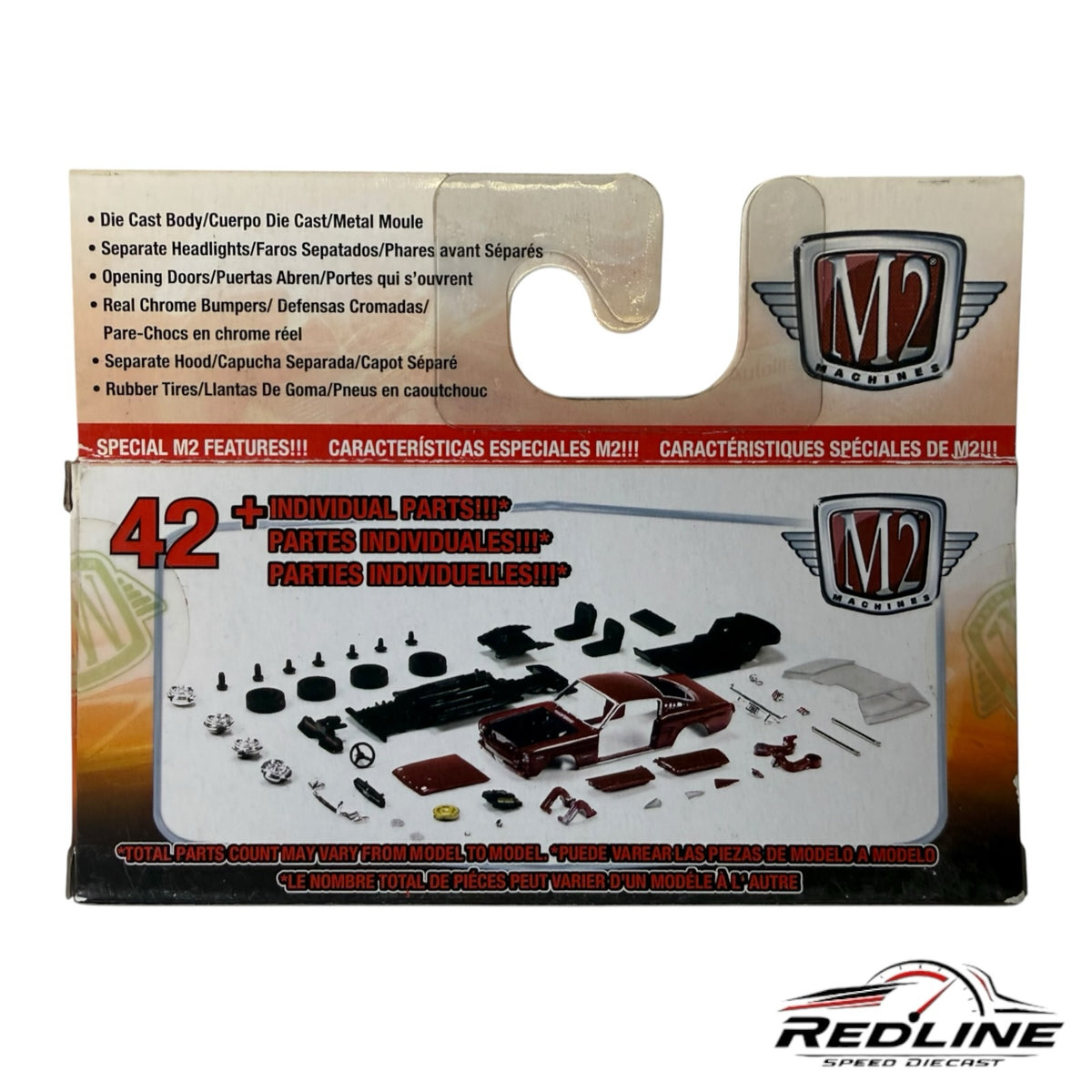 Redline Speed Diecast M2 Machines 1968 Plymouth Barracuda model kit with disassembled parts on display packaging