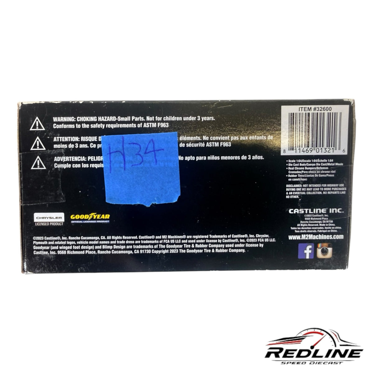 Redline Speed Diecast 1969 Plymouth Barracuda collectible packaging back view with product information and warnings