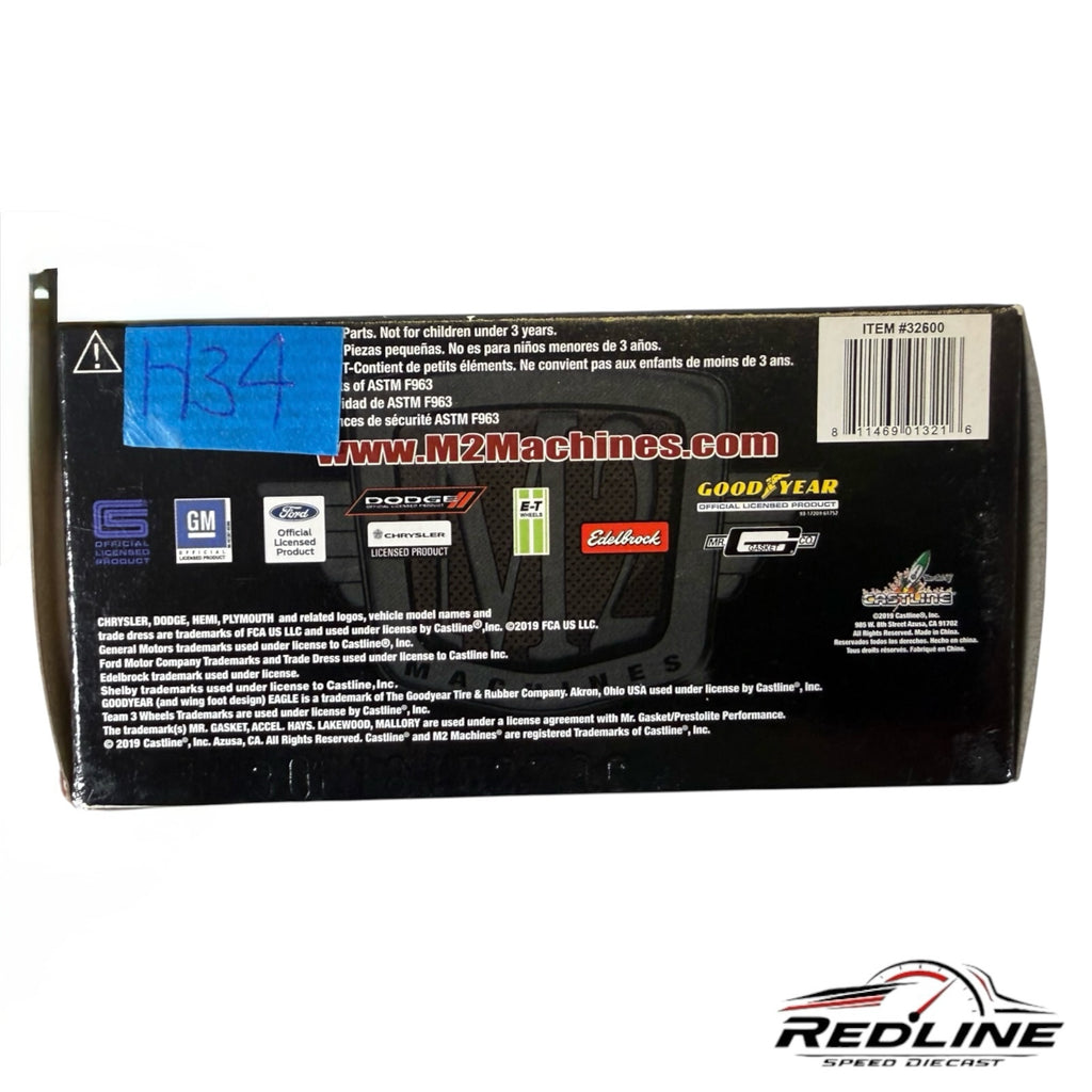Redline Speed Diecast M2 Machines Plymouth Barracuda packaging back with licensing logos and barcode