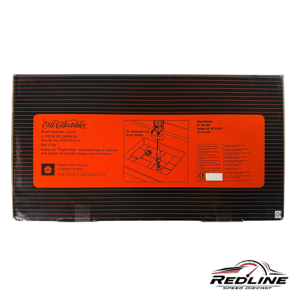Redline Speed Diecast 1970 Plymouth Cuda model car packaging box back with product information and safety warnings.