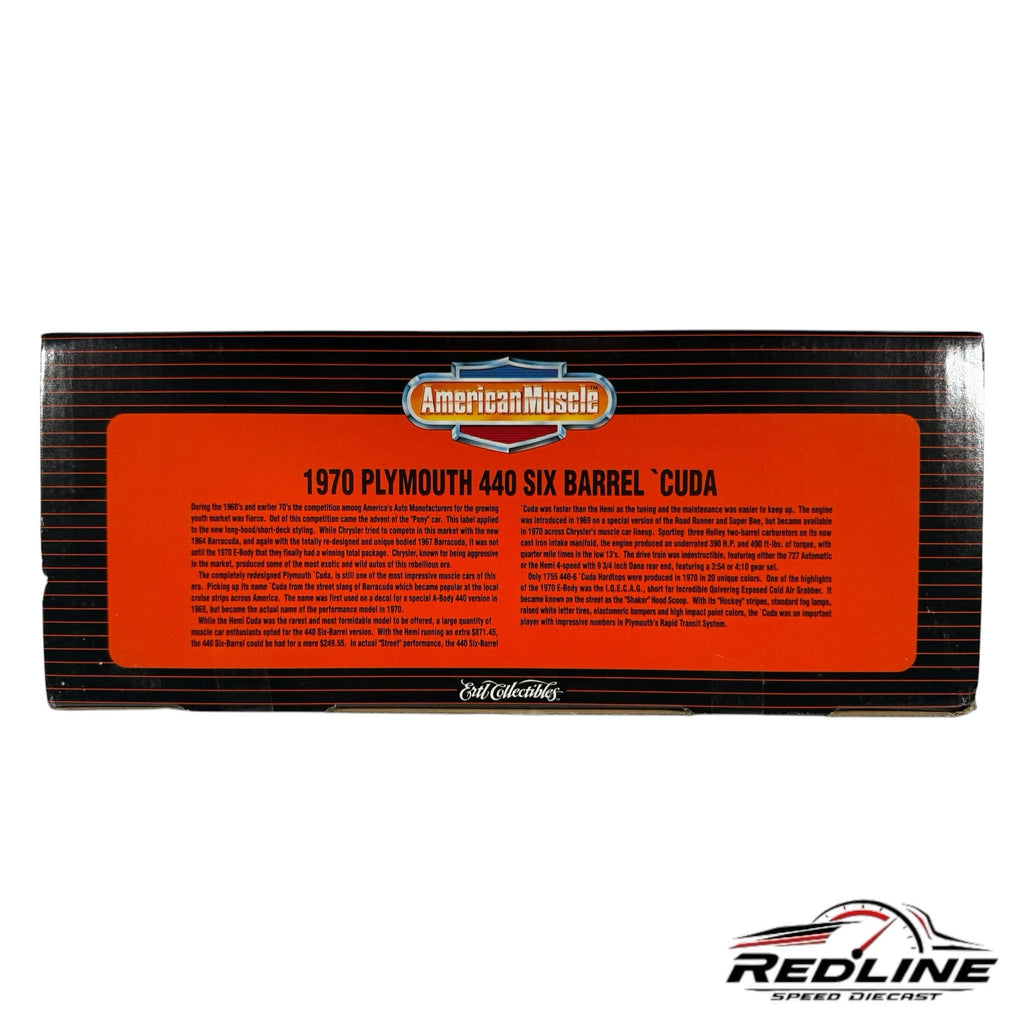Redline Speed Diecast packaging box for the 1970 Plymouth 440 Six Barrel Cuda model with American Muscle branding.