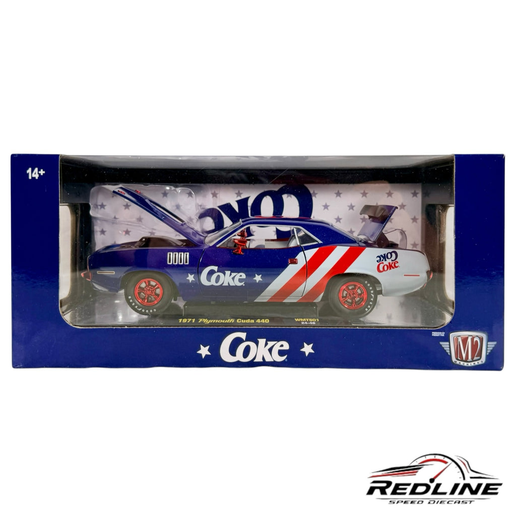 Redline Speed Diecast 1971 Plymouth Cuda 440 model car in blue with Coca-Cola livery in its original display box.