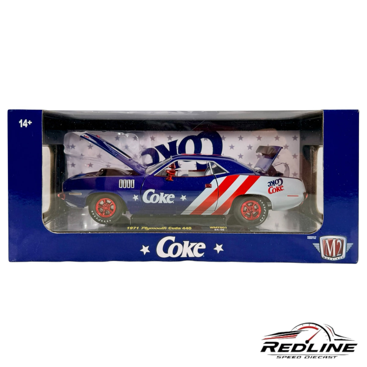 Redline Speed Diecast 1971 Plymouth Cuda 440 model car in blue with Coca-Cola livery in its original display box.