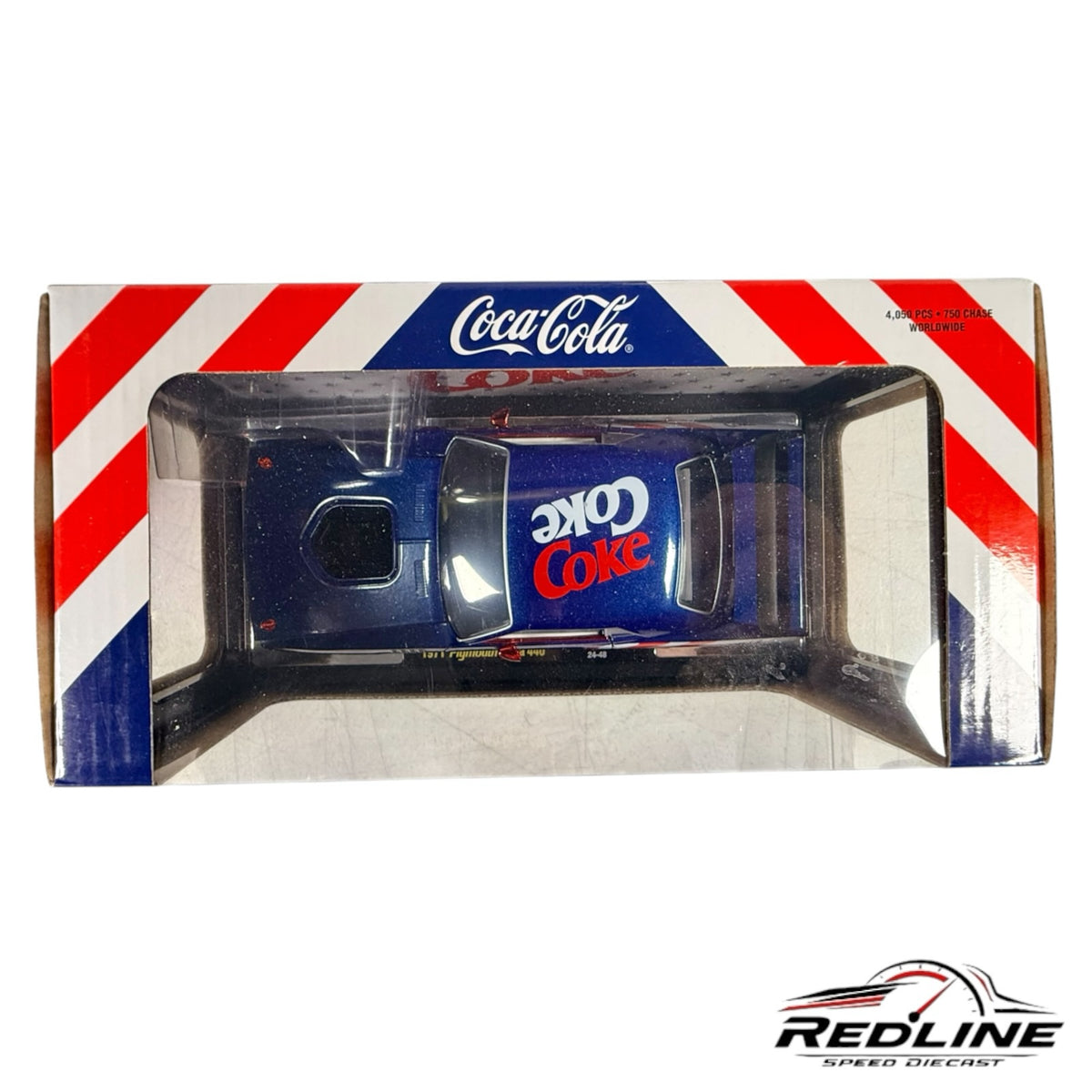 Redline Speed Diecast 1971 Plymouth Cuda 440 Coca-Cola model car in blue with red and white branding in display box