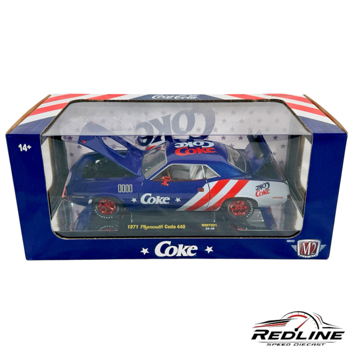 Redline Speed Diecast 1971 Plymouth Cuda 440 model car in blue with Coca-Cola livery and red-rimmed wheels in box.