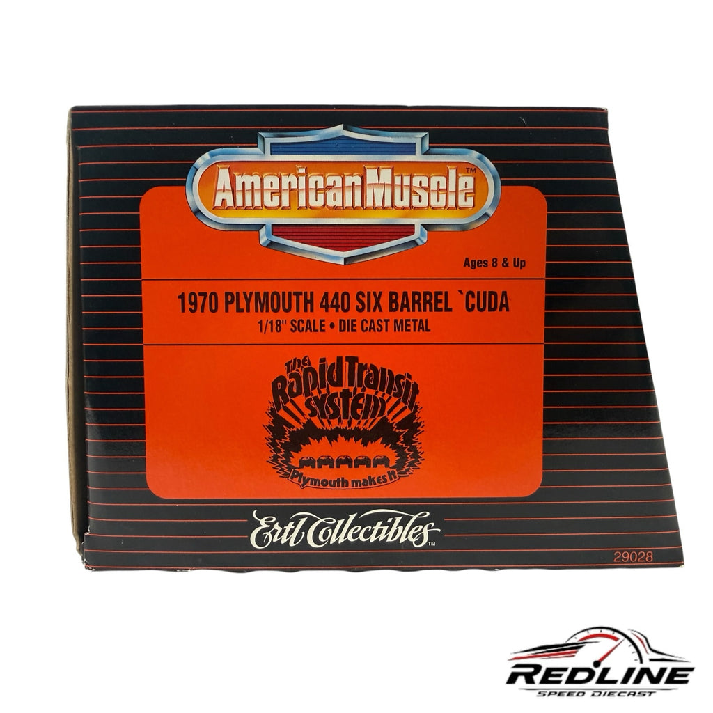 Redline Speed Diecast packaging for the 1970 Plymouth 440 Six Barrel Cuda 1:18 scale model box