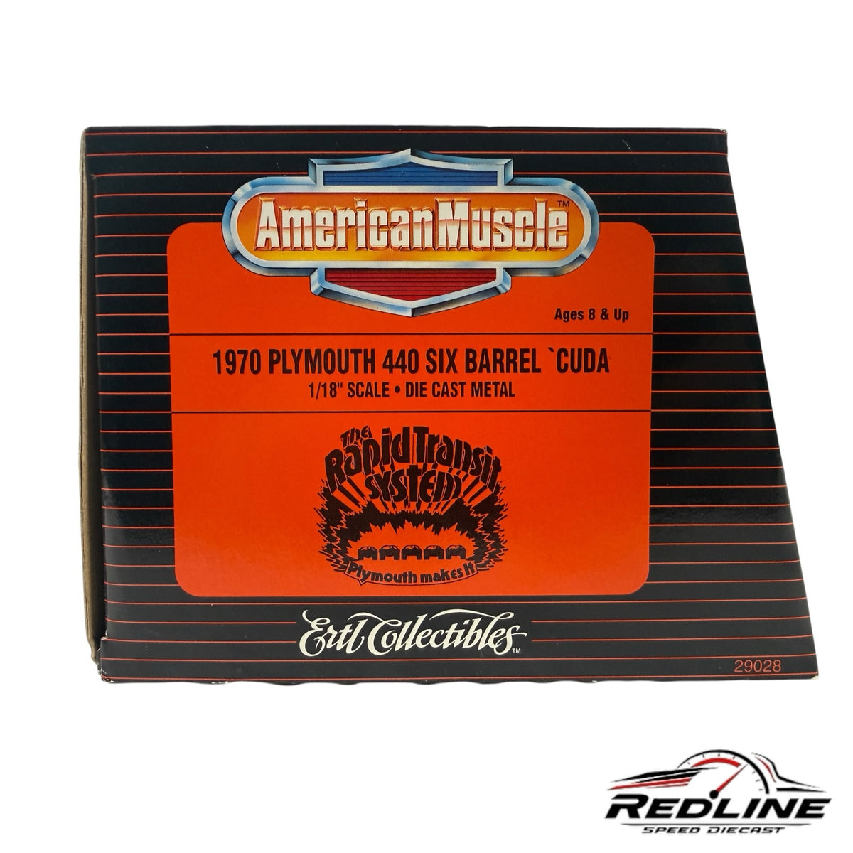 Redline Speed Diecast packaging for the 1970 Plymouth 440 Six Barrel Cuda 1:18 scale model box