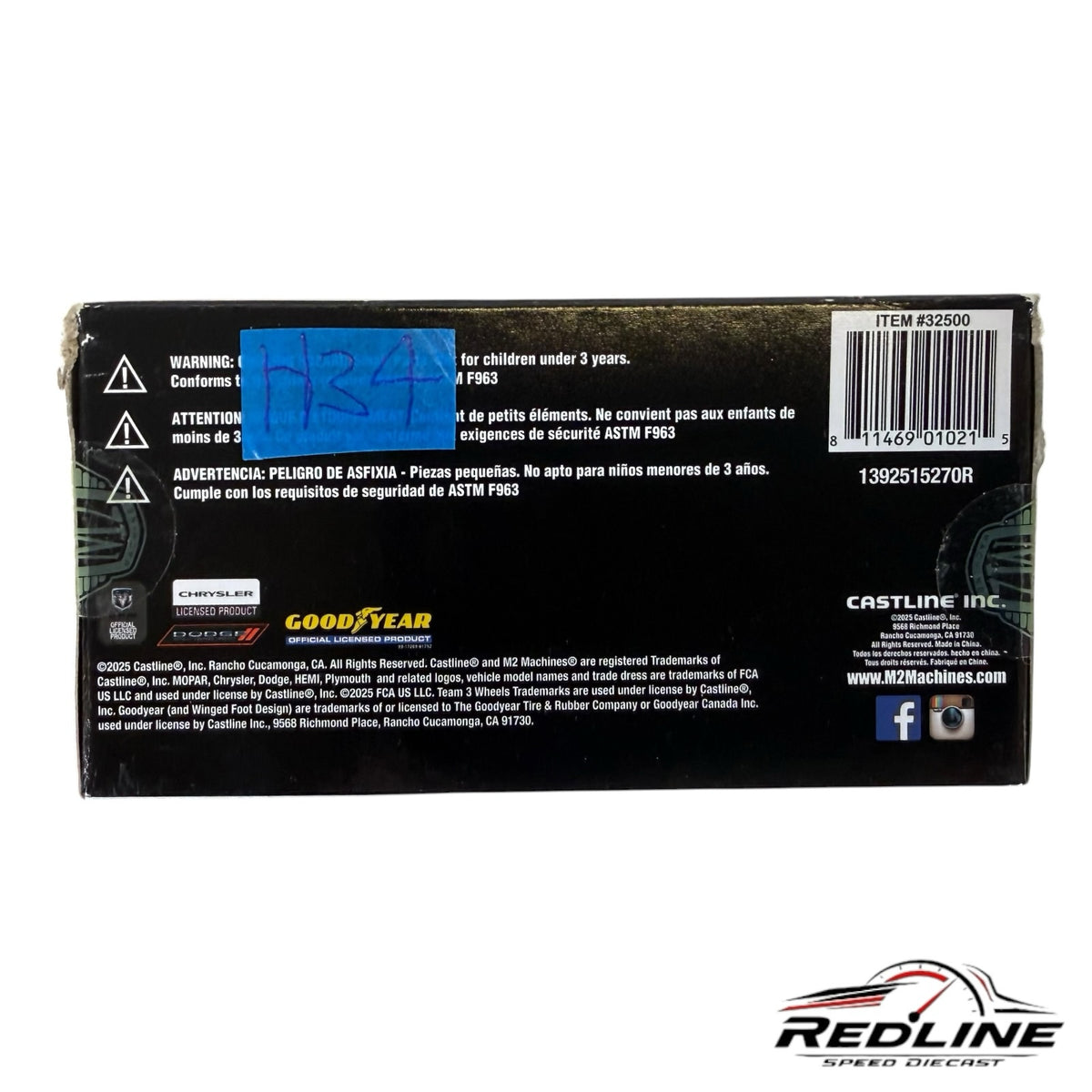 Back of Redline Speed Diecast M2 Machines Plymouth Cuda packaging with safety warnings and barcode