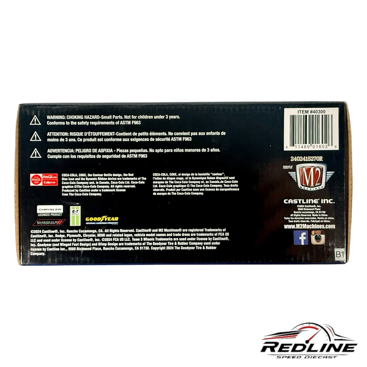 Redline Speed Diecast packaging back view for Coca-Cola 1971 Plymouth Cuda 440 model car with product information