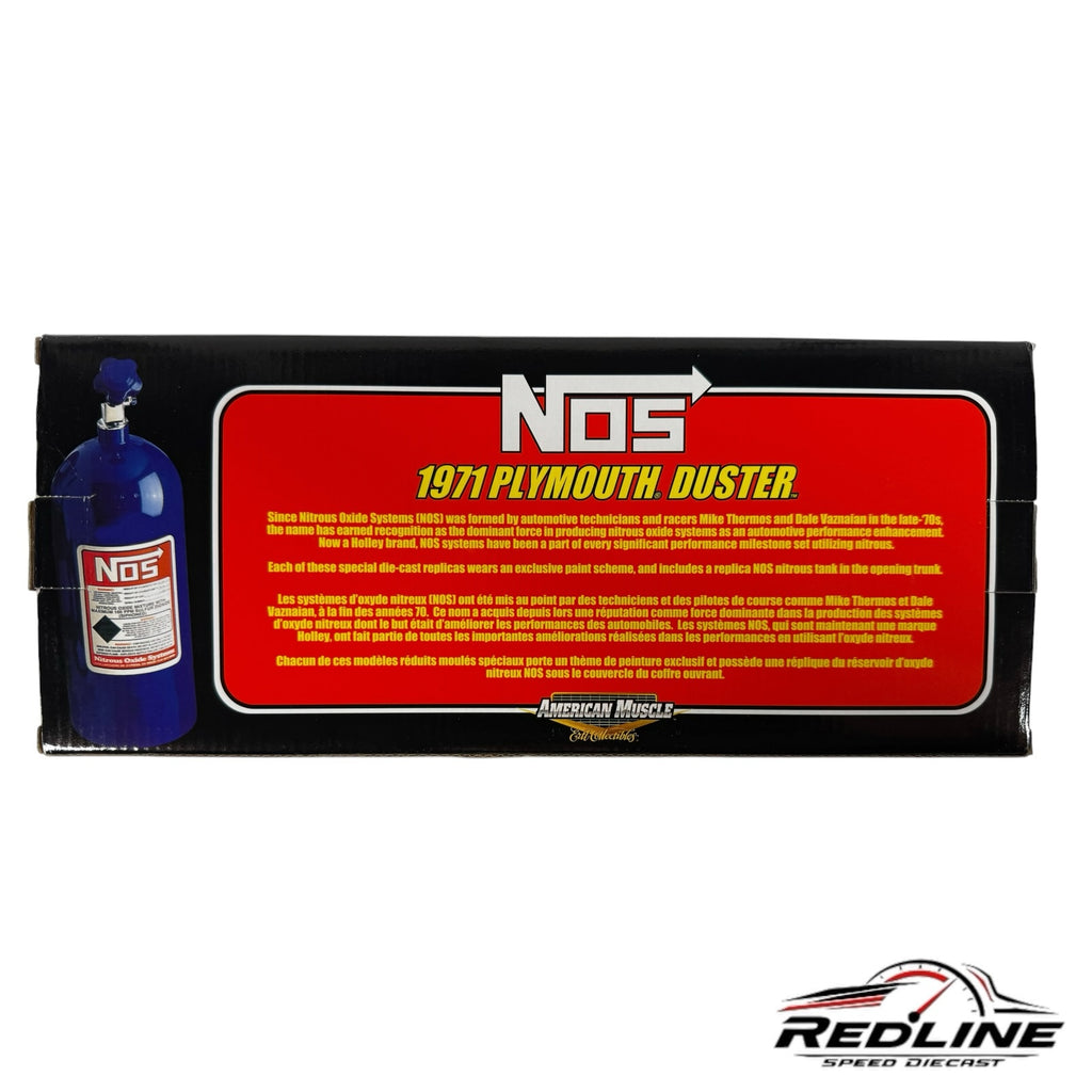 Redline Speed Diecast 1971 Plymouth Duster collector box featuring NOS branding and a blue nitrous tank illustration