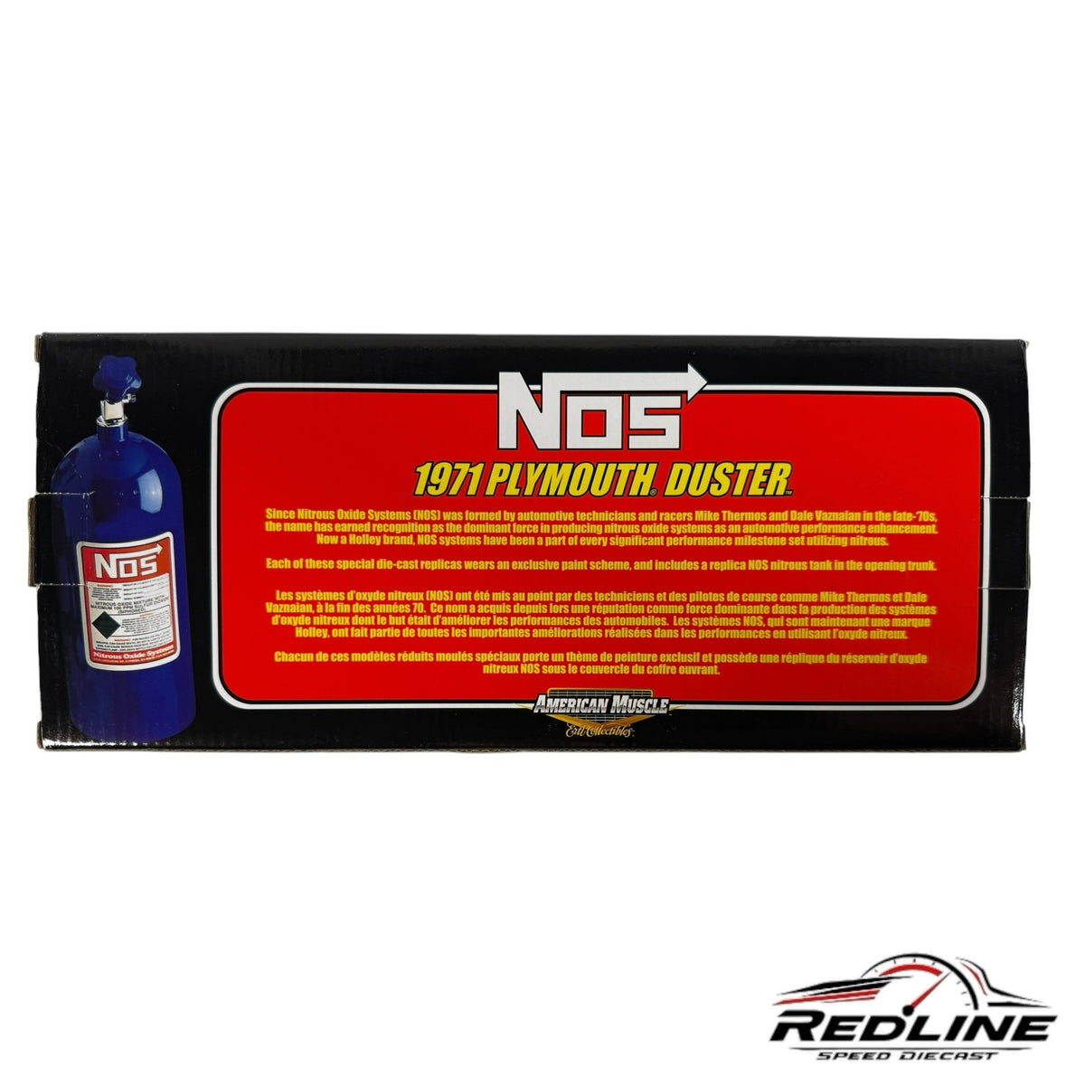 Redline Speed Diecast 1971 Plymouth Duster collector box featuring NOS branding and a blue nitrous tank illustration