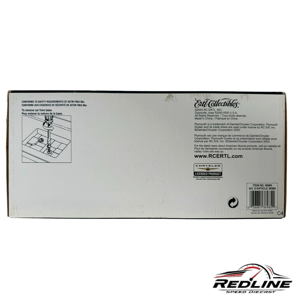 Redline Speed Diecast 1971 Plymouth Duster model packaging box showing product information and licensing details