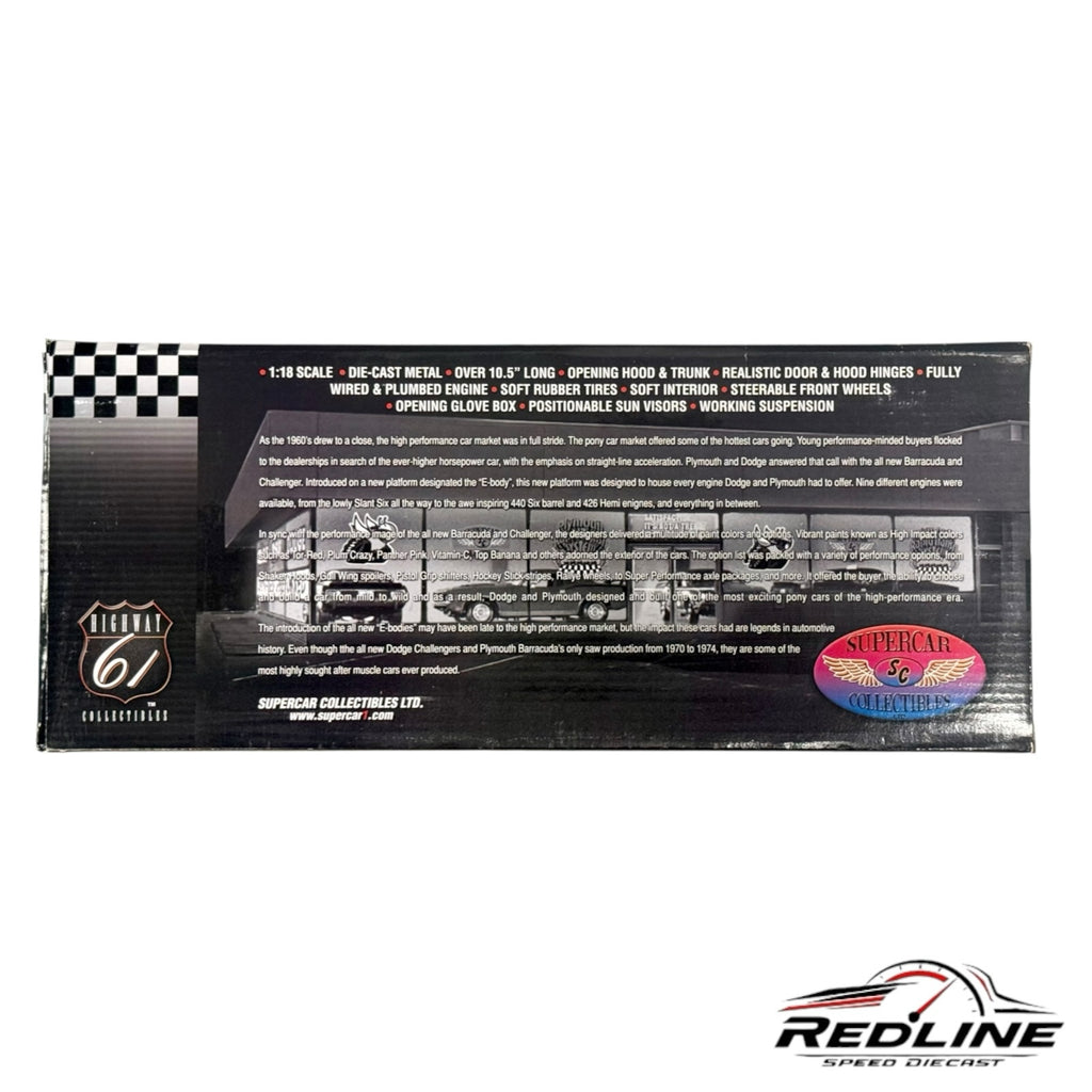 Redline Speed Diecast 1971 Plymouth Hemi Cuda collector model packaging box with detailed product specifications