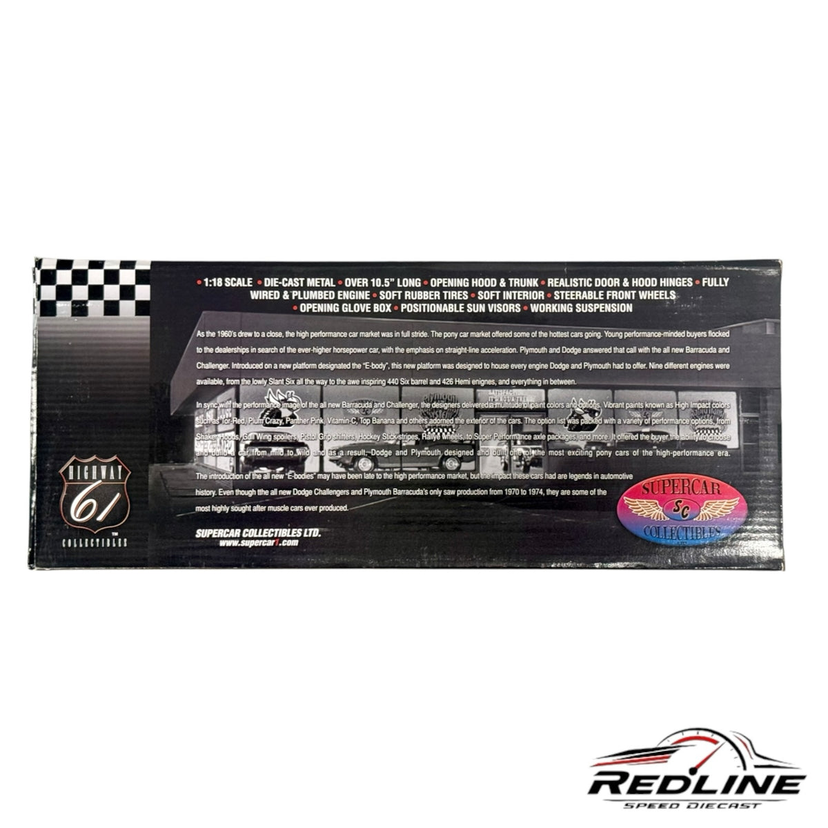 Redline Speed Diecast 1971 Plymouth Hemi Cuda collector model packaging box with detailed product specifications