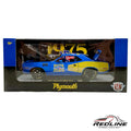 Redline Speed Diecast 1:24 scale 1971 Plymouth Hemi Cuda in blue and yellow VP Racing 50th anniversary livery