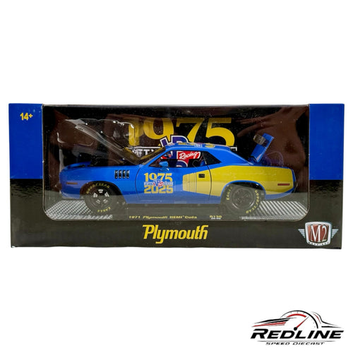 Redline Speed Diecast 1:24 scale 1971 Plymouth Hemi Cuda in blue and yellow VP Racing 50th anniversary livery
