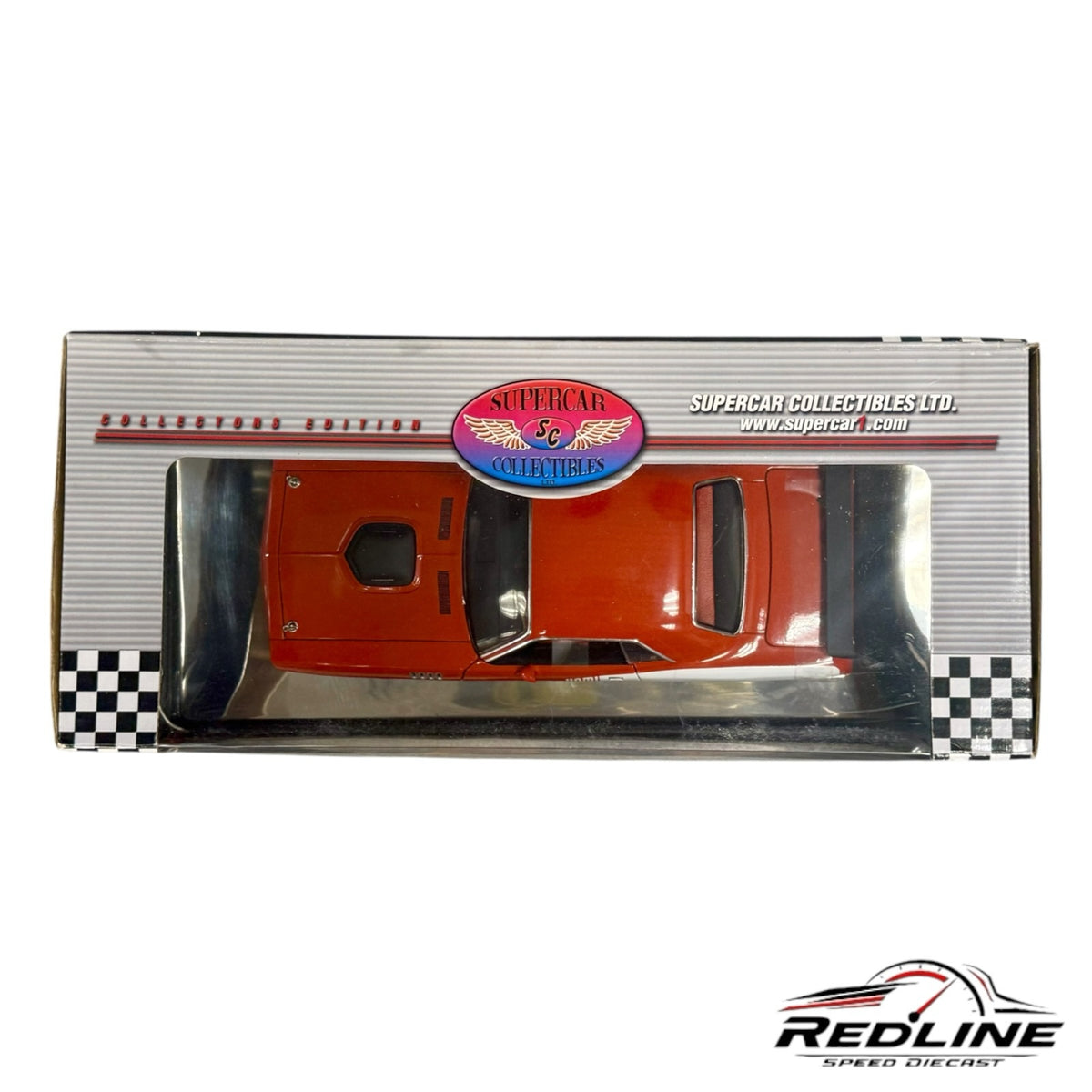 Redline Speed Diecast 1:18 scale 1971 Plymouth Hemi Cuda model in orange and white inside its collector box