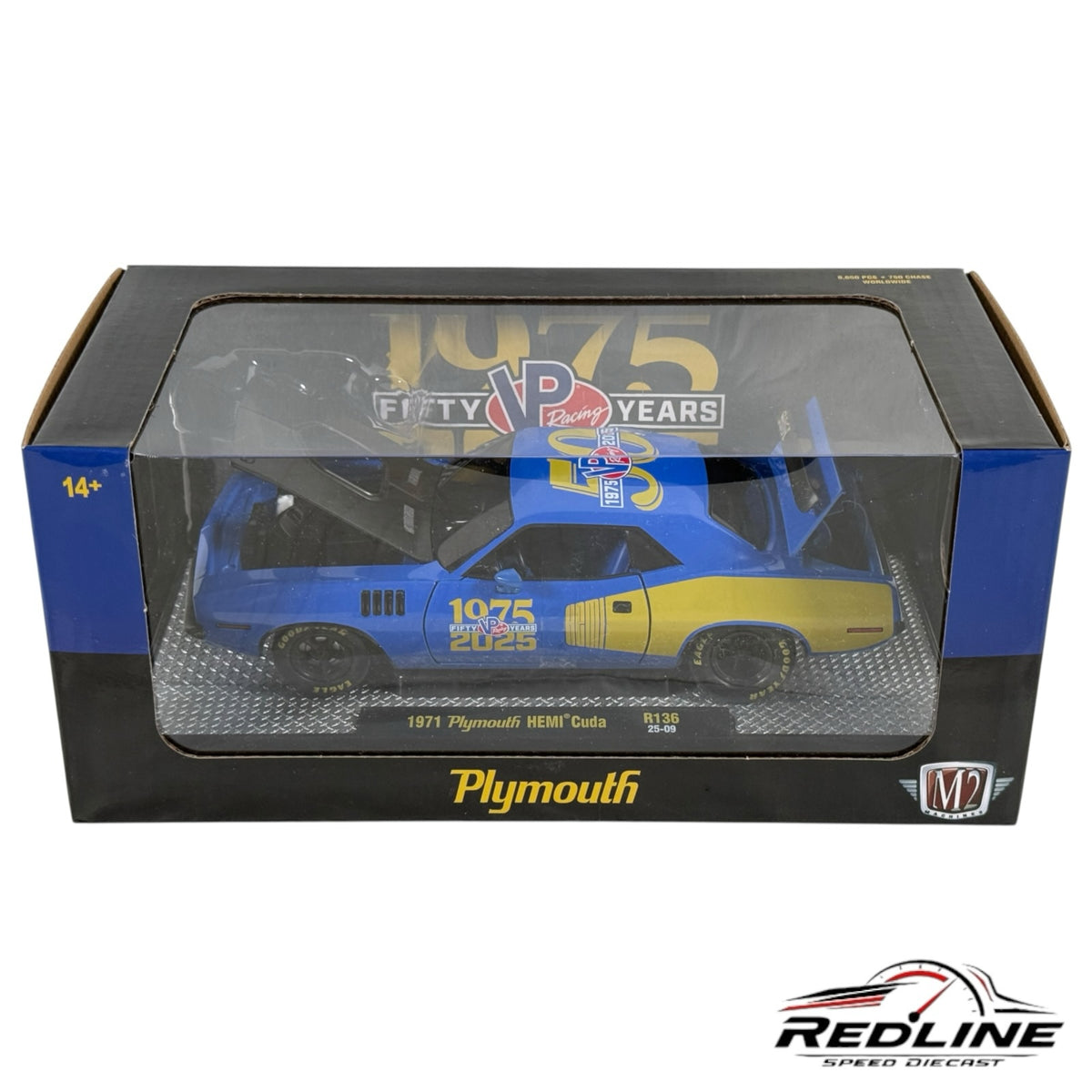 Redline Speed Diecast 1:24 scale 1971 Plymouth Hemi Cuda model in blue and yellow VP Racing 50th anniversary livery.